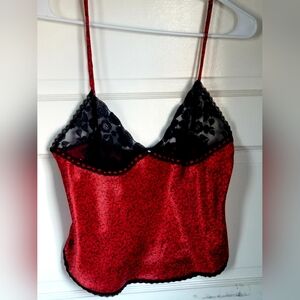 Vintage 1960s Wacoal Red Rose Print Satin and Black Lace Camisole Size 32